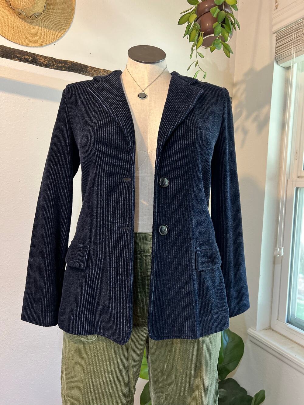 Amina Rubinacci Blue Ribbed Button Sweater Blazer Jacket Size 46 Italy 10 US